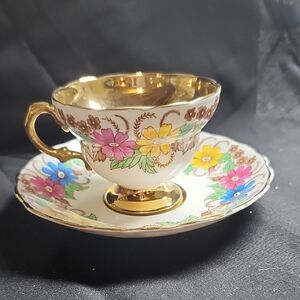 Floral Gold-Trimmed Teacup and Saucer Set